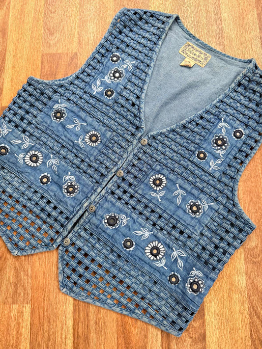 Vintage 1990s Cottagecore Waistcoat Blue Embroidered Woven Vest Tank Top Size XL