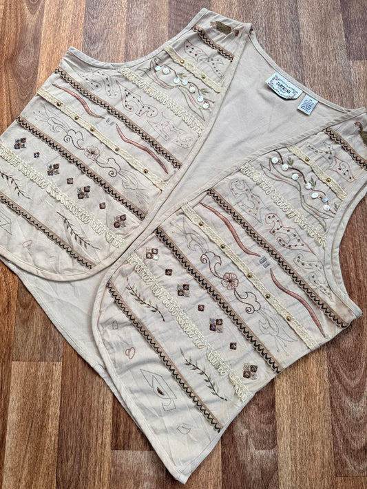 Vintage 1990s Embroidered Waistcoat Hippie Boho Vest Tank top Beige Size 2XL