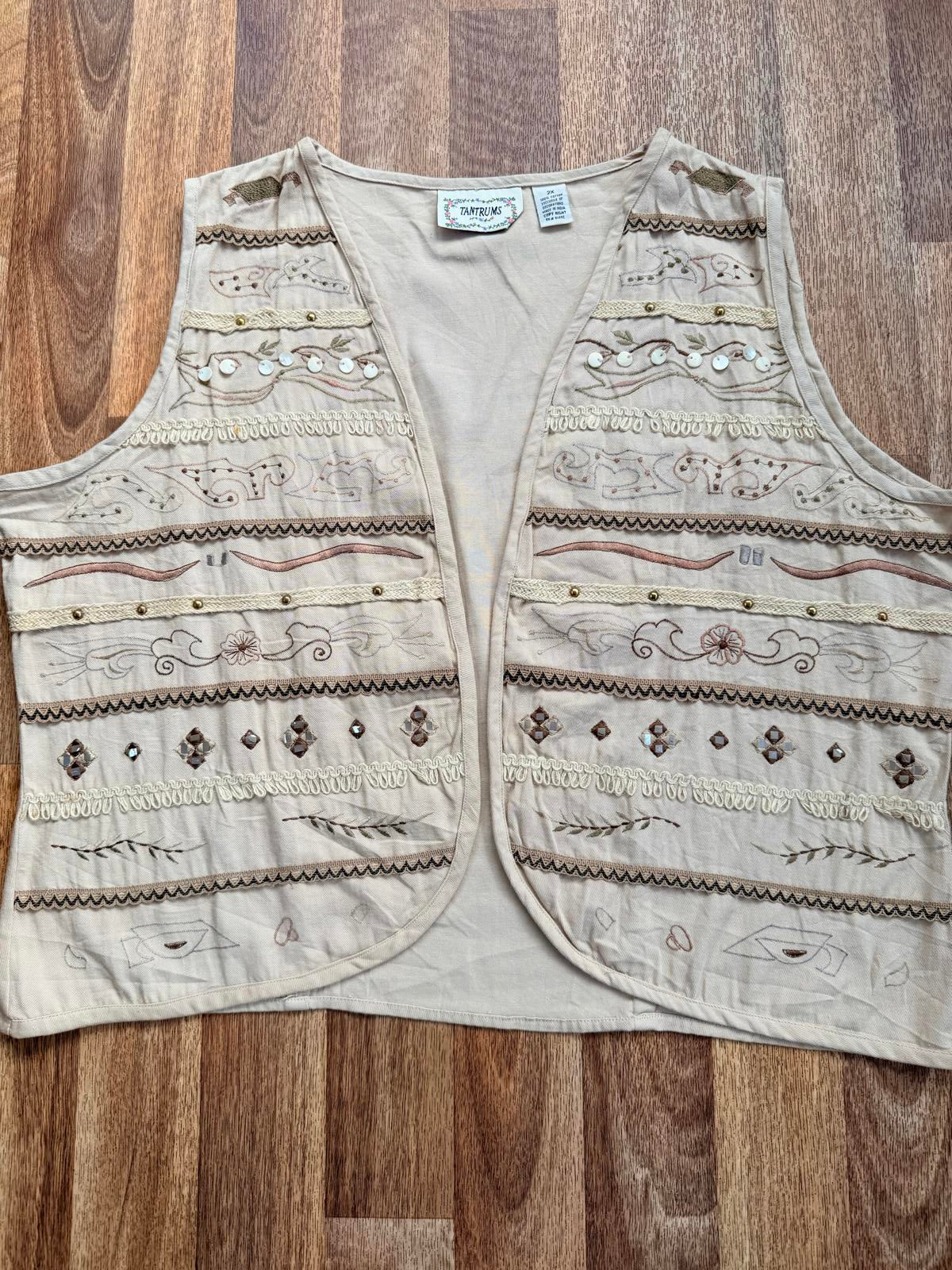 Vintage 1990s Embroidered Waistcoat Hippie Boho Vest Tank top Beige Size 2XL