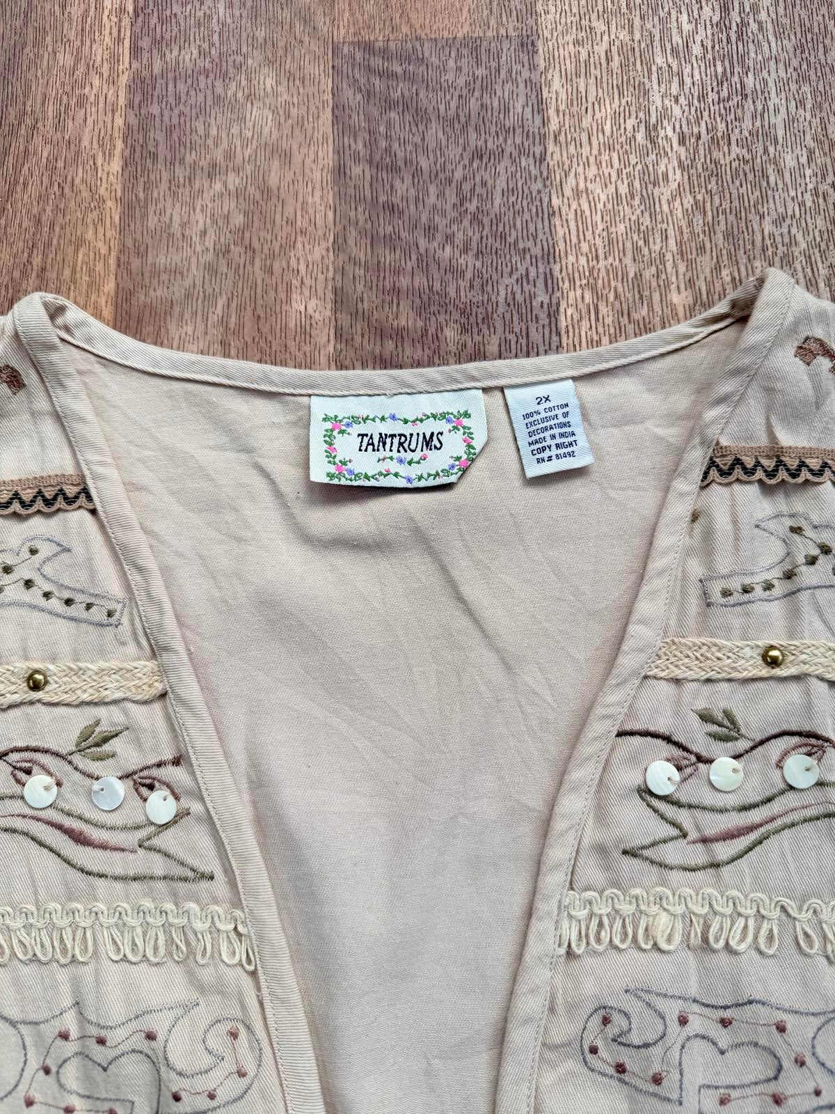 Vintage 1990s Embroidered Waistcoat Hippie Boho Vest Tank top Beige Size 2XL