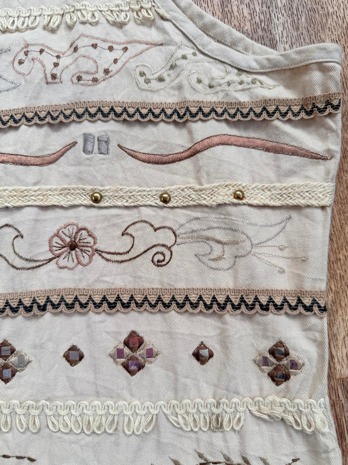 Vintage 1990s Embroidered Waistcoat Hippie Boho Vest Tank top Beige Size 2XL