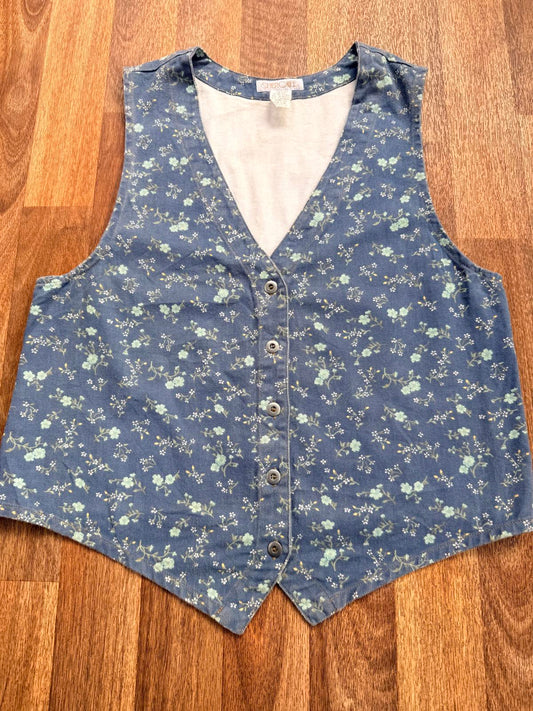 Vintage 1990s Denim Waistcoat Blue Floral cottagecore hippie boho vest top 12 14