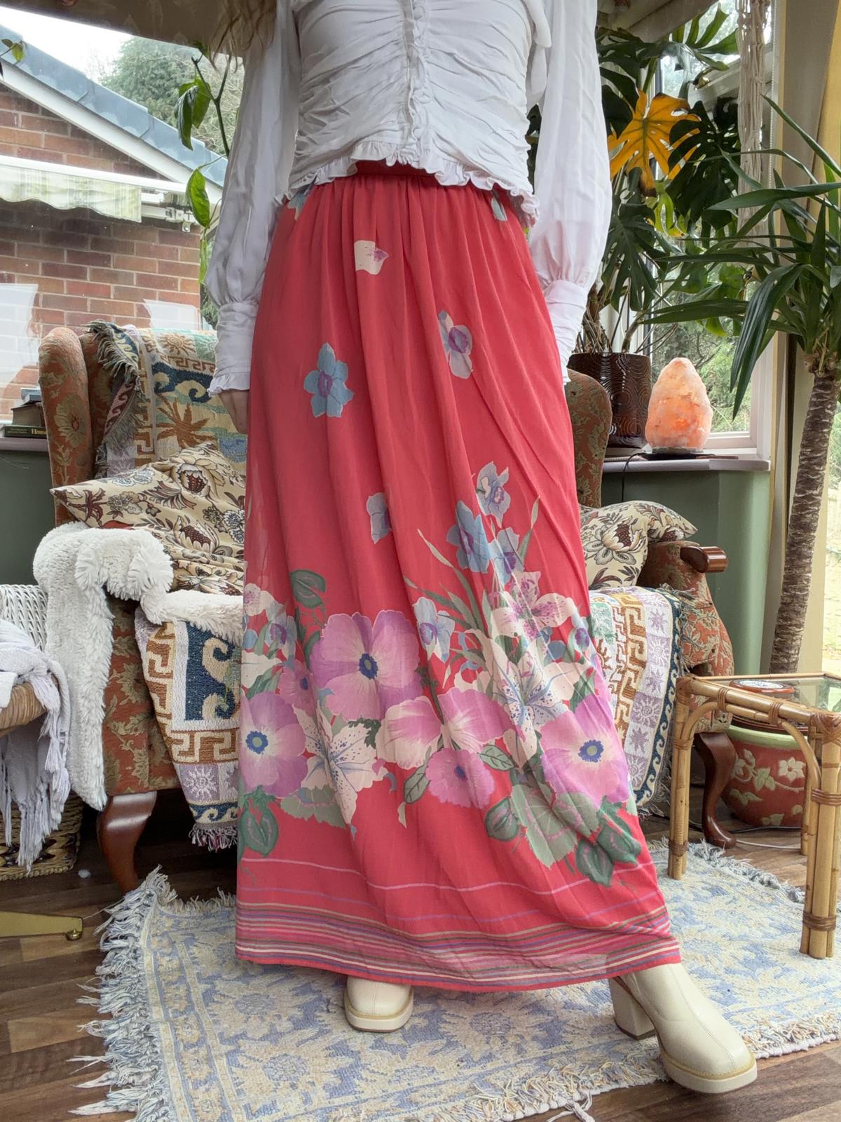 Vintage 1980s Maxi Skirt Bold Floral Print Summer Festival Long Skirt Pink 10