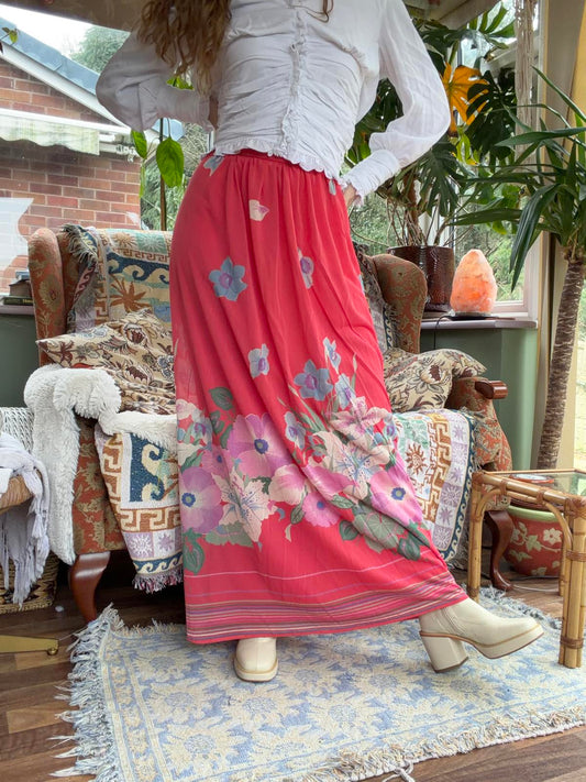 Vintage 1980s Maxi Skirt Bold Floral Print Summer Festival Long Skirt Pink 10