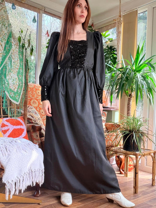 Vintage 1990s Maxi Dress with Sequin Detail and Puff Sleeve Black Size 8