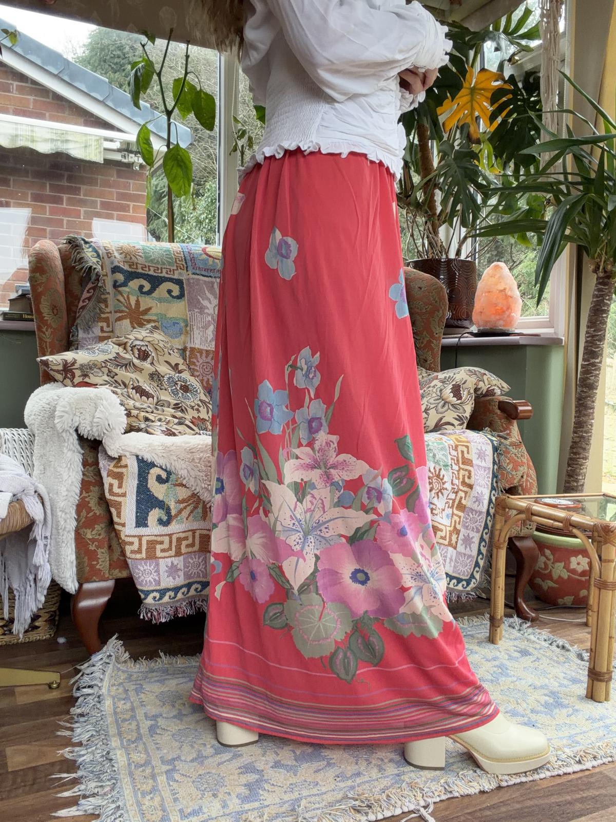 Vintage 1980s Maxi Skirt Bold Floral Print Summer Festival Long Skirt Pink 10
