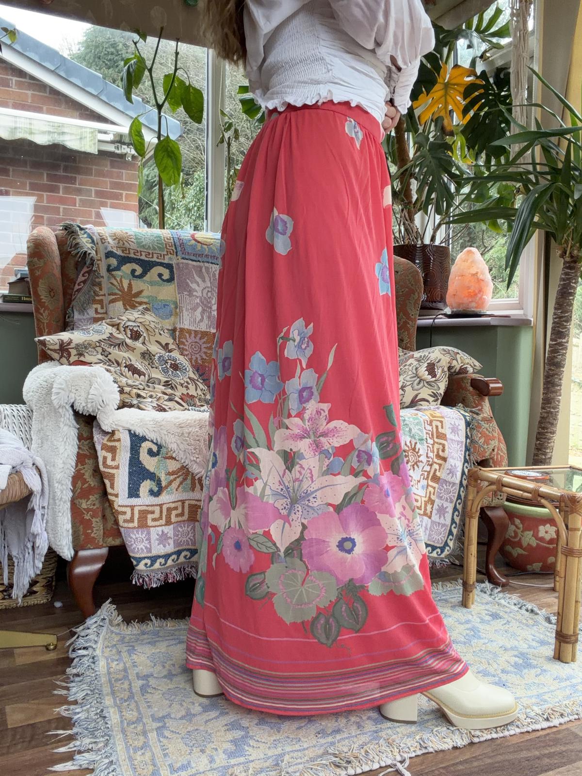 Vintage 1980s Maxi Skirt Bold Floral Print Summer Festival Long Skirt Pink 10