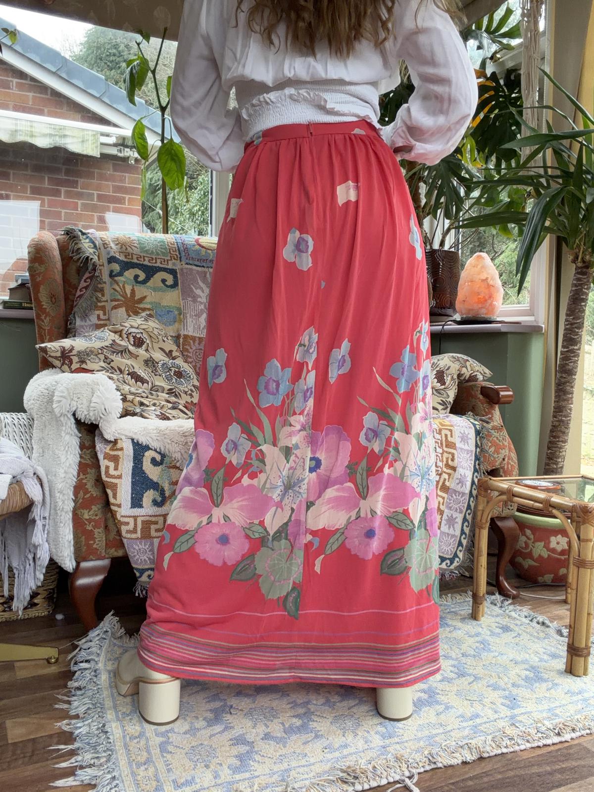 Vintage 1980s Maxi Skirt Bold Floral Print Summer Festival Long Skirt Pink 10