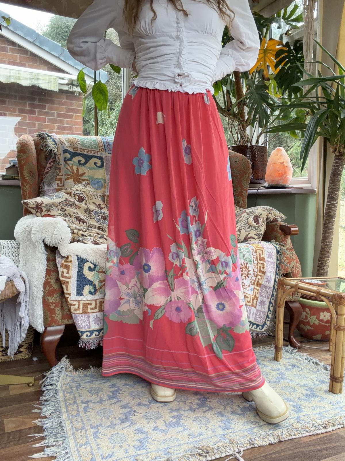 Vintage 1980s Maxi Skirt Bold Floral Print Summer Festival Long Skirt Pink 10