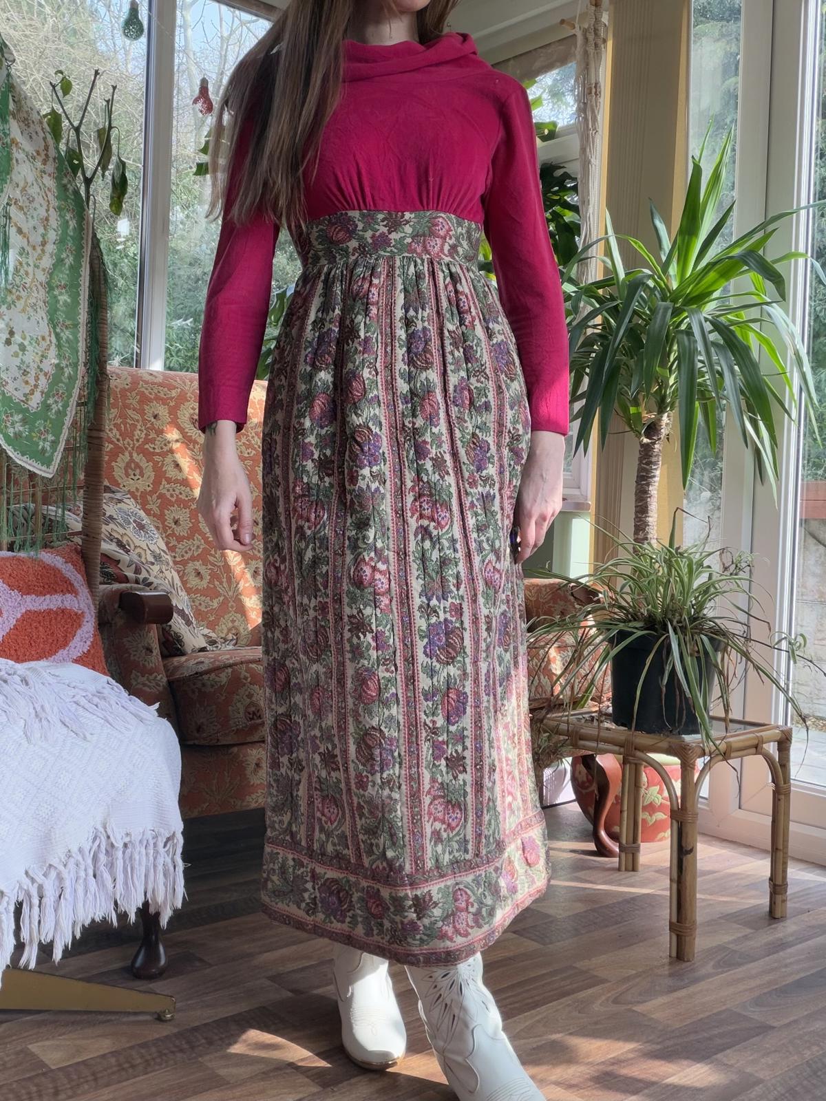 Vintage 1960s Maxi Dress Thick Cotton Tapestry and Velvet Long Sleeve Dress S 6