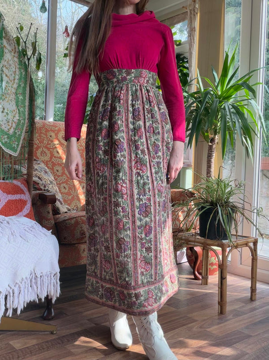 Vintage 1960s Maxi Dress Thick Cotton Tapestry and Velvet Long Sleeve Dress S 6