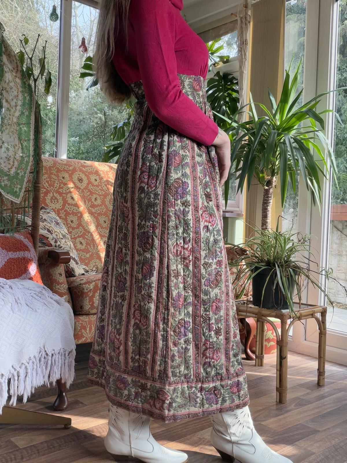 Vintage 1960s Maxi Dress Thick Cotton Tapestry and Velvet Long Sleeve Dress S 6