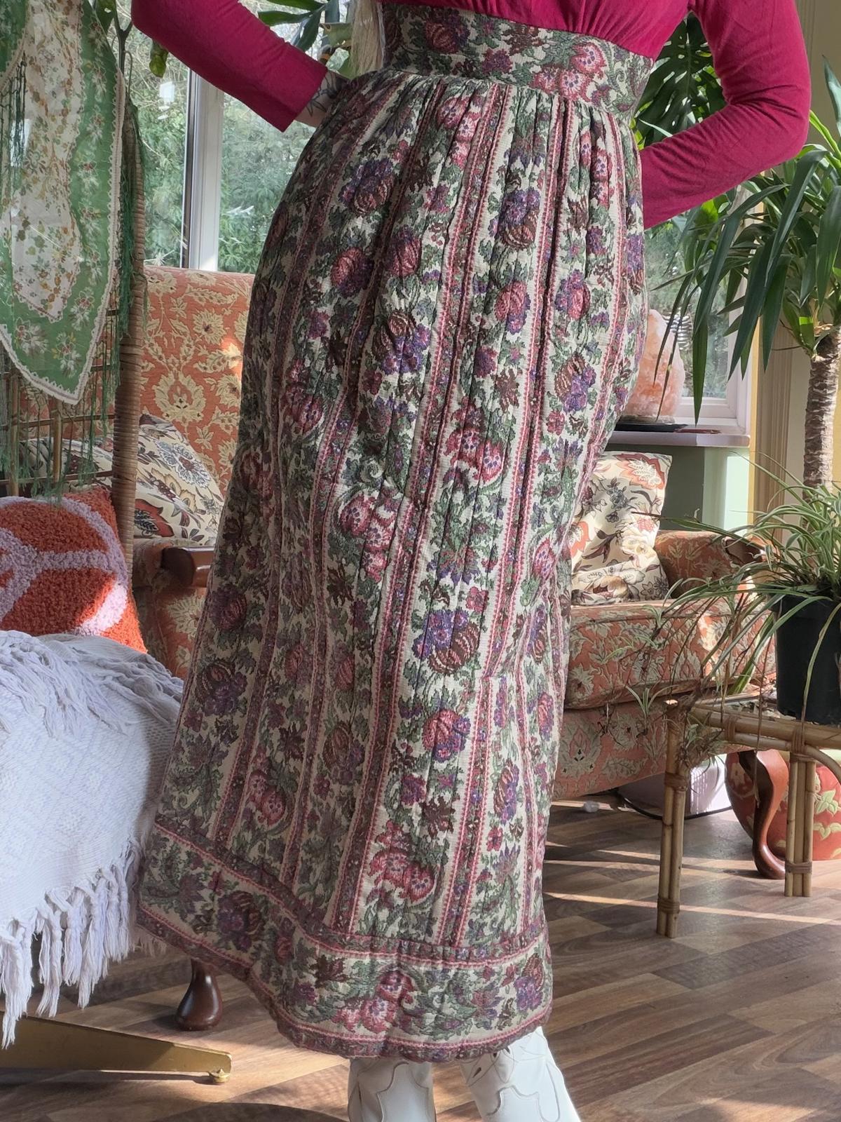 Vintage 1960s Maxi Dress Thick Cotton Tapestry and Velvet Long Sleeve Dress S 6