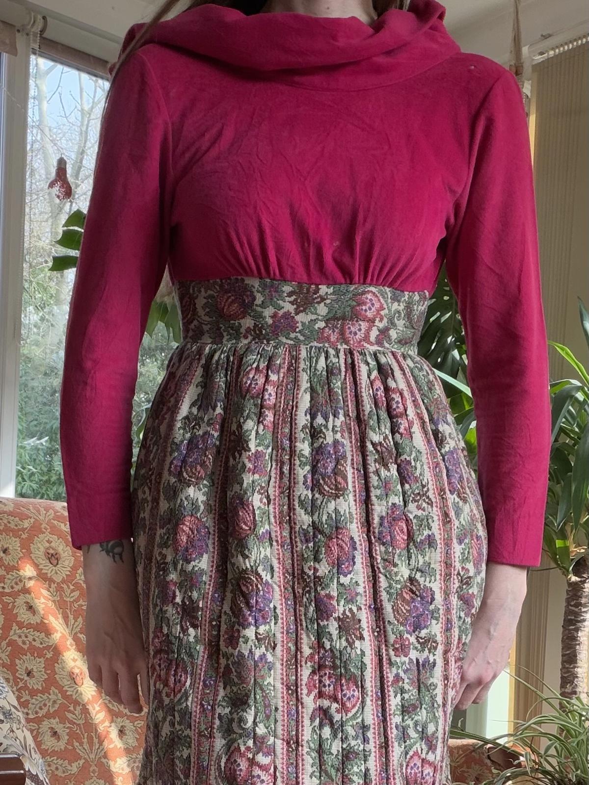 Vintage 1960s Maxi Dress Thick Cotton Tapestry and Velvet Long Sleeve Dress S 6