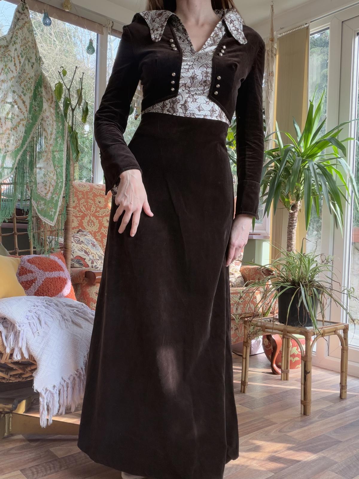 Vintage 1970s Maxi Dress Brown Velvet with Printed Collar and Jacket Detail 6 8