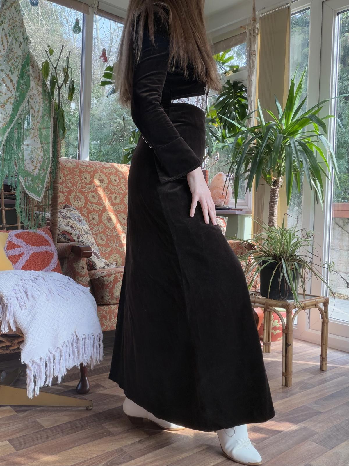 Vintage 1970s Maxi Dress Brown Velvet with Printed Collar and Jacket Detail 6 8