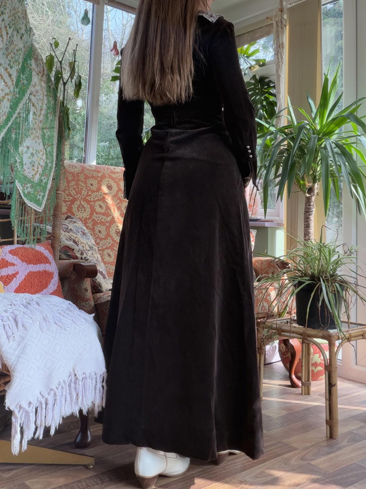 Vintage 1970s Maxi Dress Brown Velvet with Printed Collar and Jacket Detail 6 8