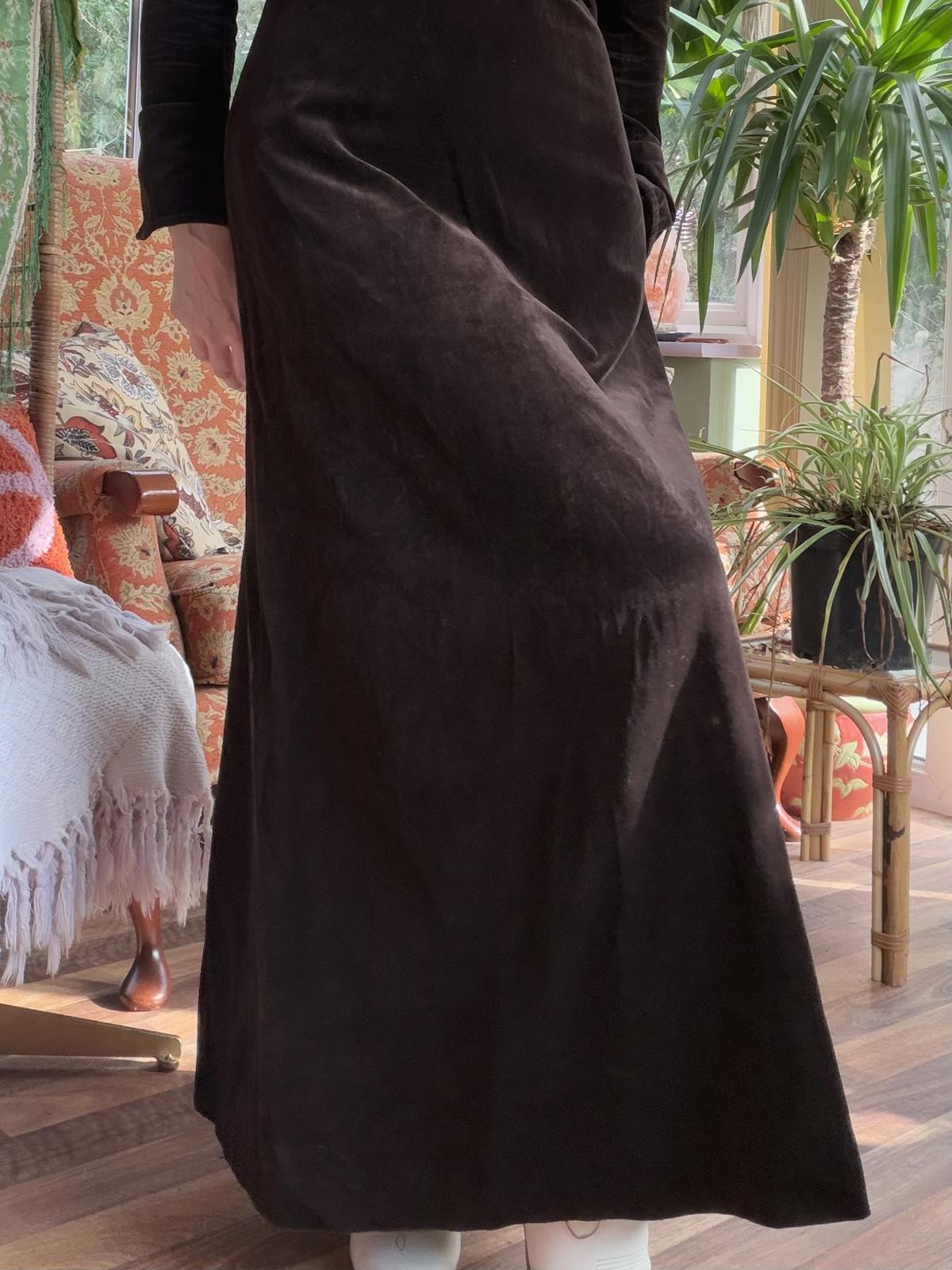 Vintage 1970s Maxi Dress Brown Velvet with Printed Collar and Jacket Detail 6 8