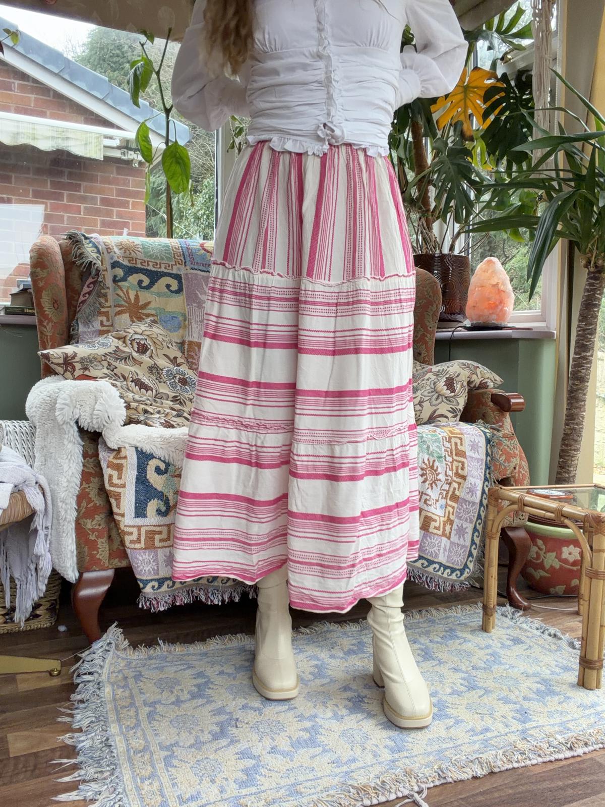 Hippie Boho Festival Skirt Layered Pink Striped Floaty Summer Midi Skirt Size 8