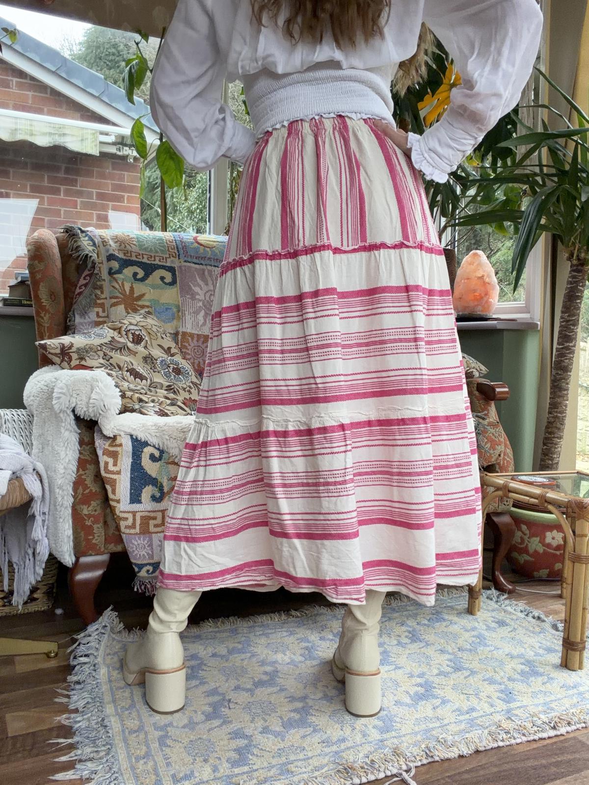Hippie Boho Festival Skirt Layered Pink Striped Floaty Summer Midi Skirt Size 8