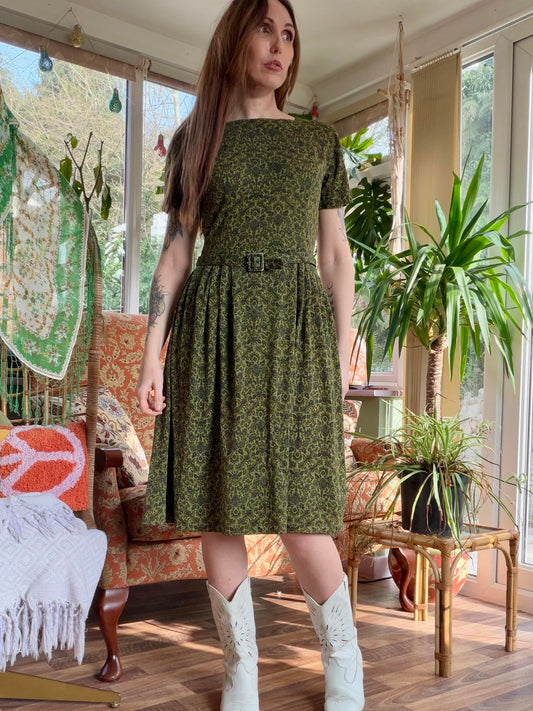 Vintage 1960s Paisley Dress Green Patterned Midi Dress with Belt Size 12 to 14