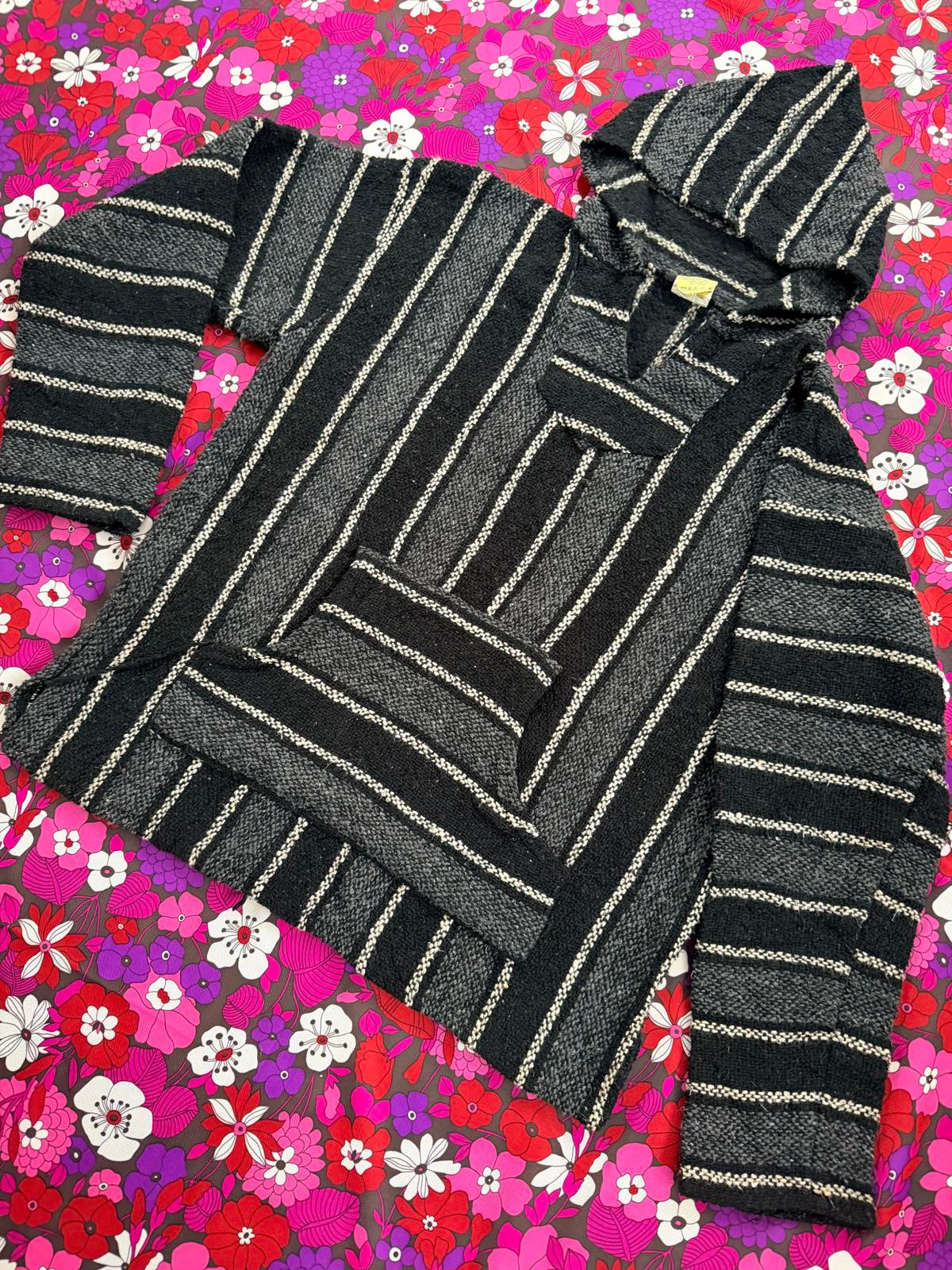 Mexican Baja Hoodie Pullover Hippie Boho Festival Jumper Size L Black Grey