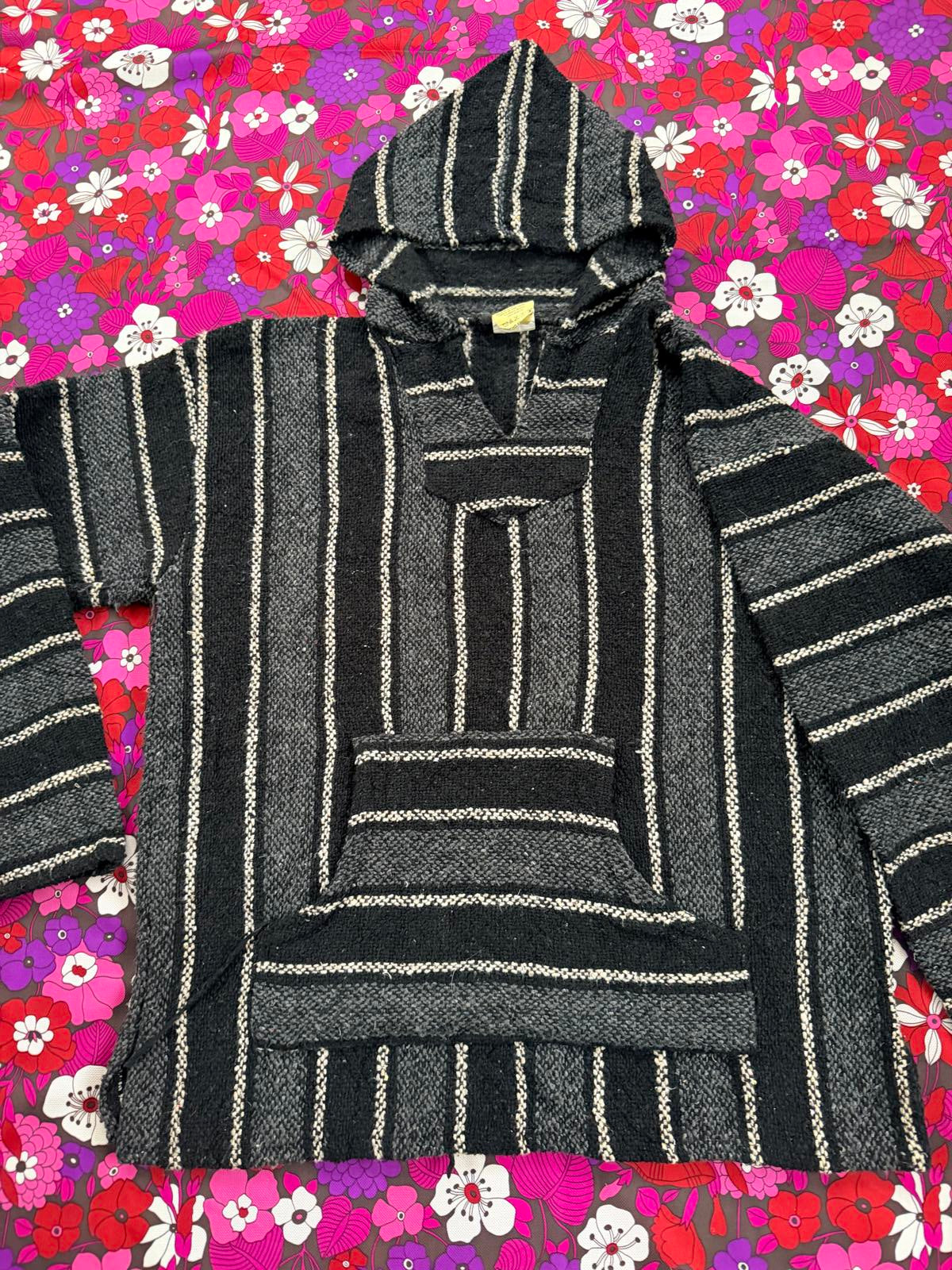 Mexican Baja Hoodie Pullover Hippie Boho Festival Jumper Size L Black Grey