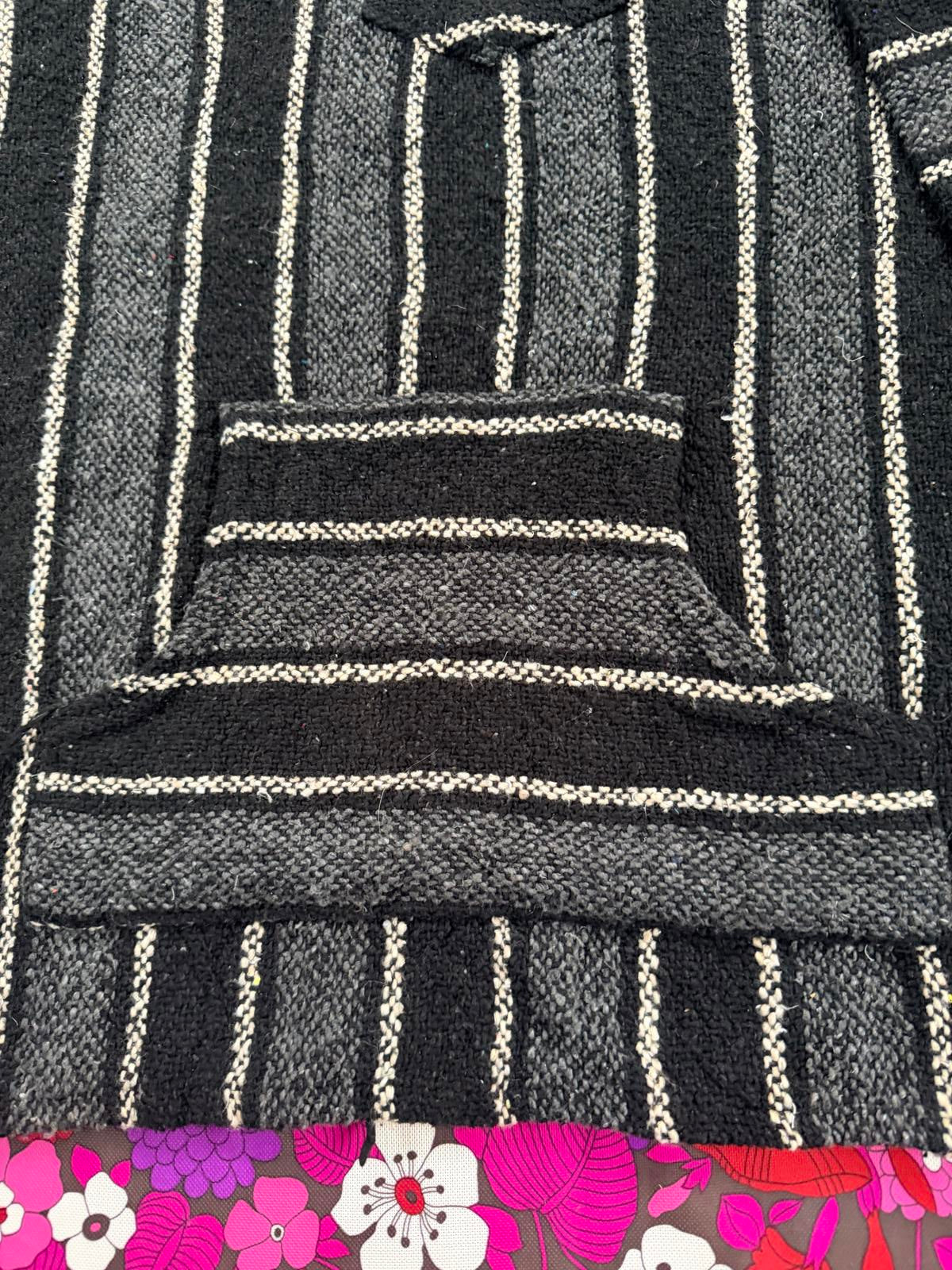 Mexican Baja Hoodie Pullover Hippie Boho Festival Jumper Size L Black Grey