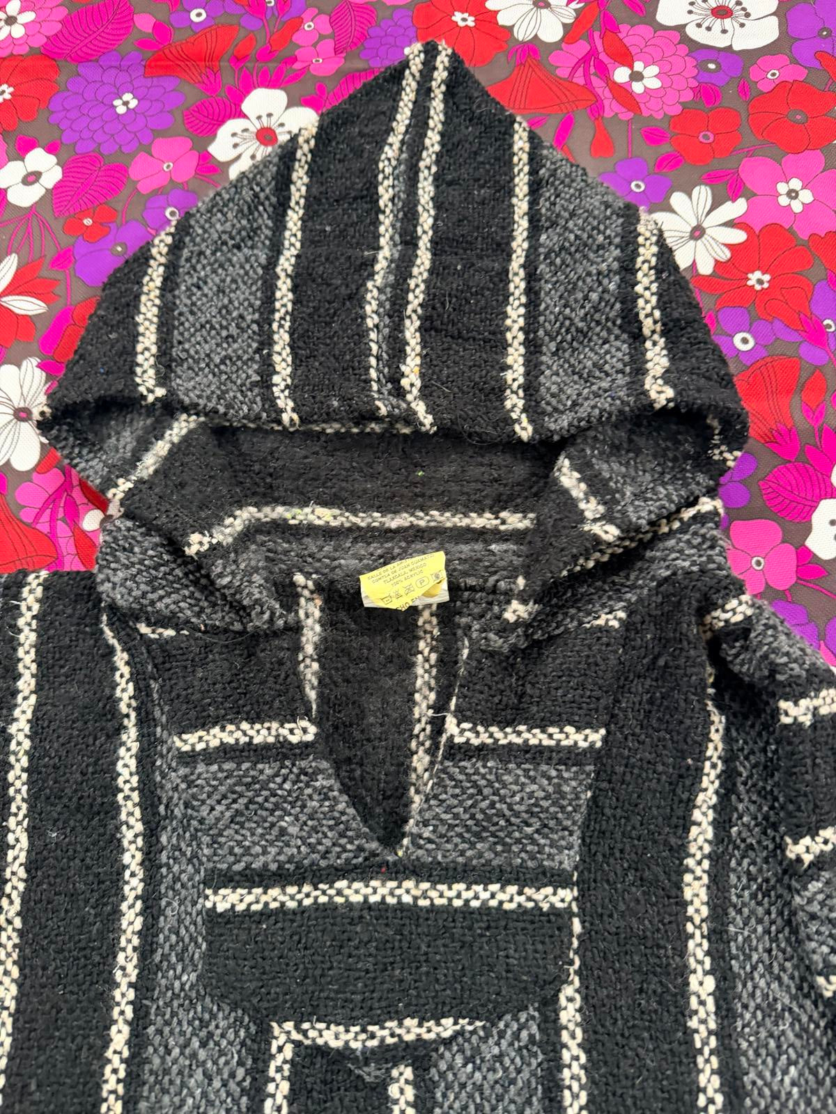 Mexican Baja Hoodie Pullover Hippie Boho Festival Jumper Size L Black Grey