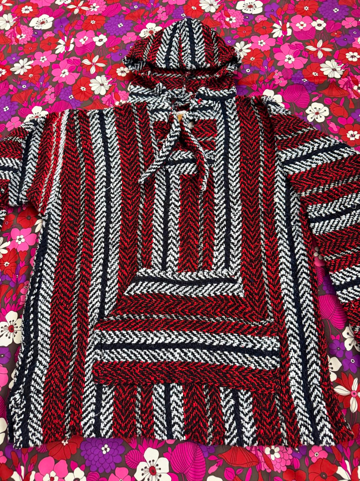 Mexican Baja Hoodie Pullover Hippie Boho Festival Jumper Size M Red Black