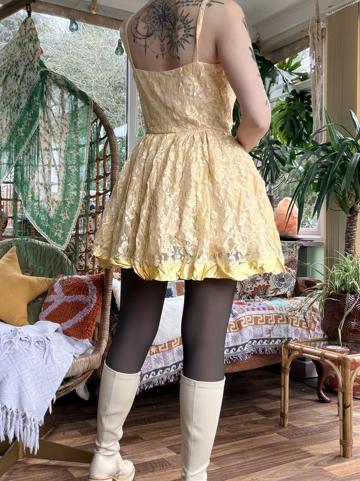 Vintage 1980s Party Dress Yellow Lace Mini Dress with Spaghetti Straps Size 12