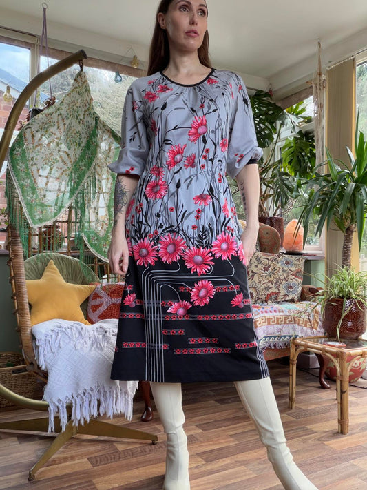Vintage 1970s Day Dress Floral Pattern Midi Dress Grey Pink Size 12