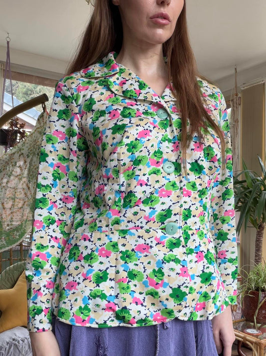 Vintage 1960s Floral Blazer Button Up Jacket with Collar size 14