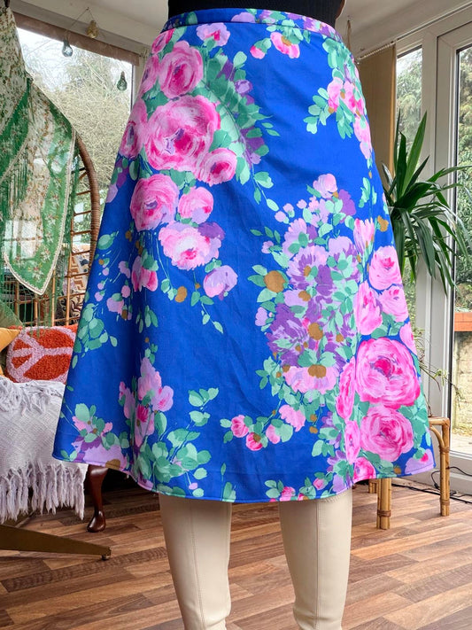 Vintage 1970s Summer Skirt Blue Floral A Line Retro Skirt Size 10