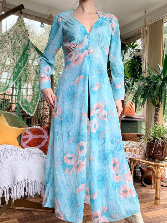 Vintage 1970s Sheer Duster Long Sleeve Blue Floral kimono size 12