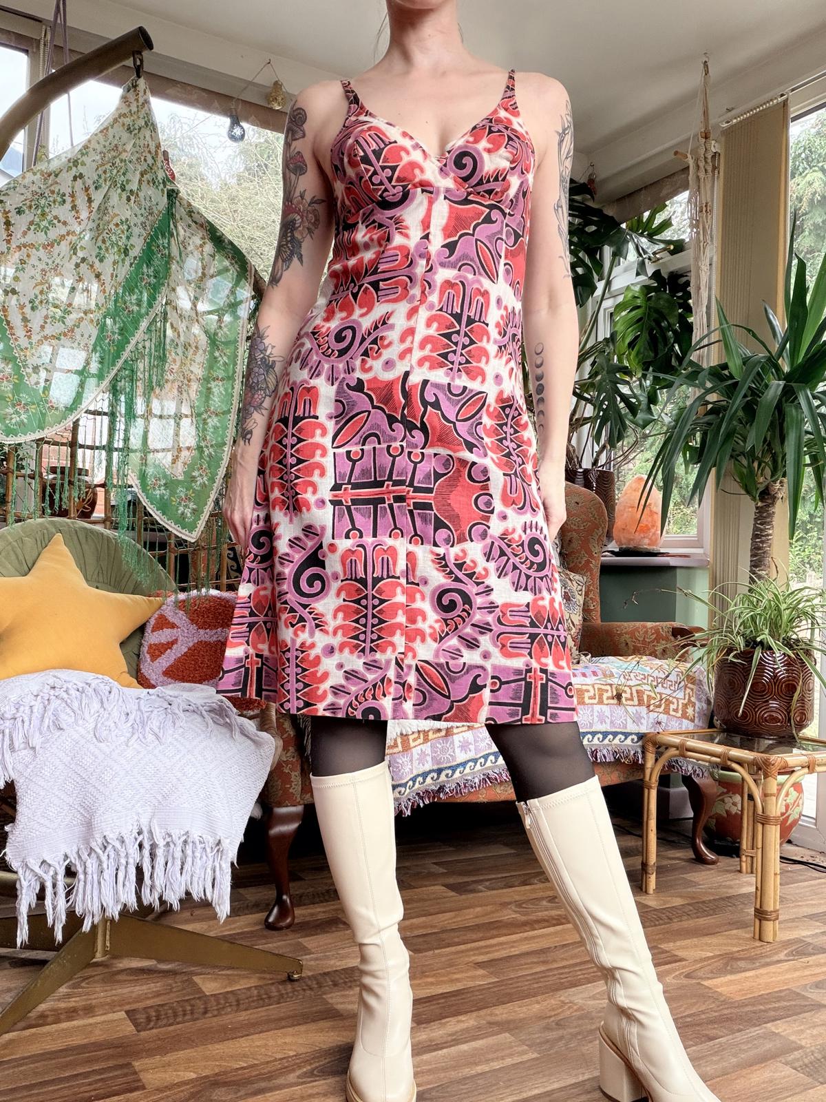 Vintage 1960s Summer Dress Pink and Red Retro Patterned Slip Dress Size 10
