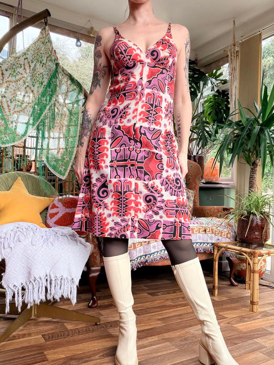 Vintage 1960s Summer Dress Pink and Red Retro Patterned Slip Dress Size 10