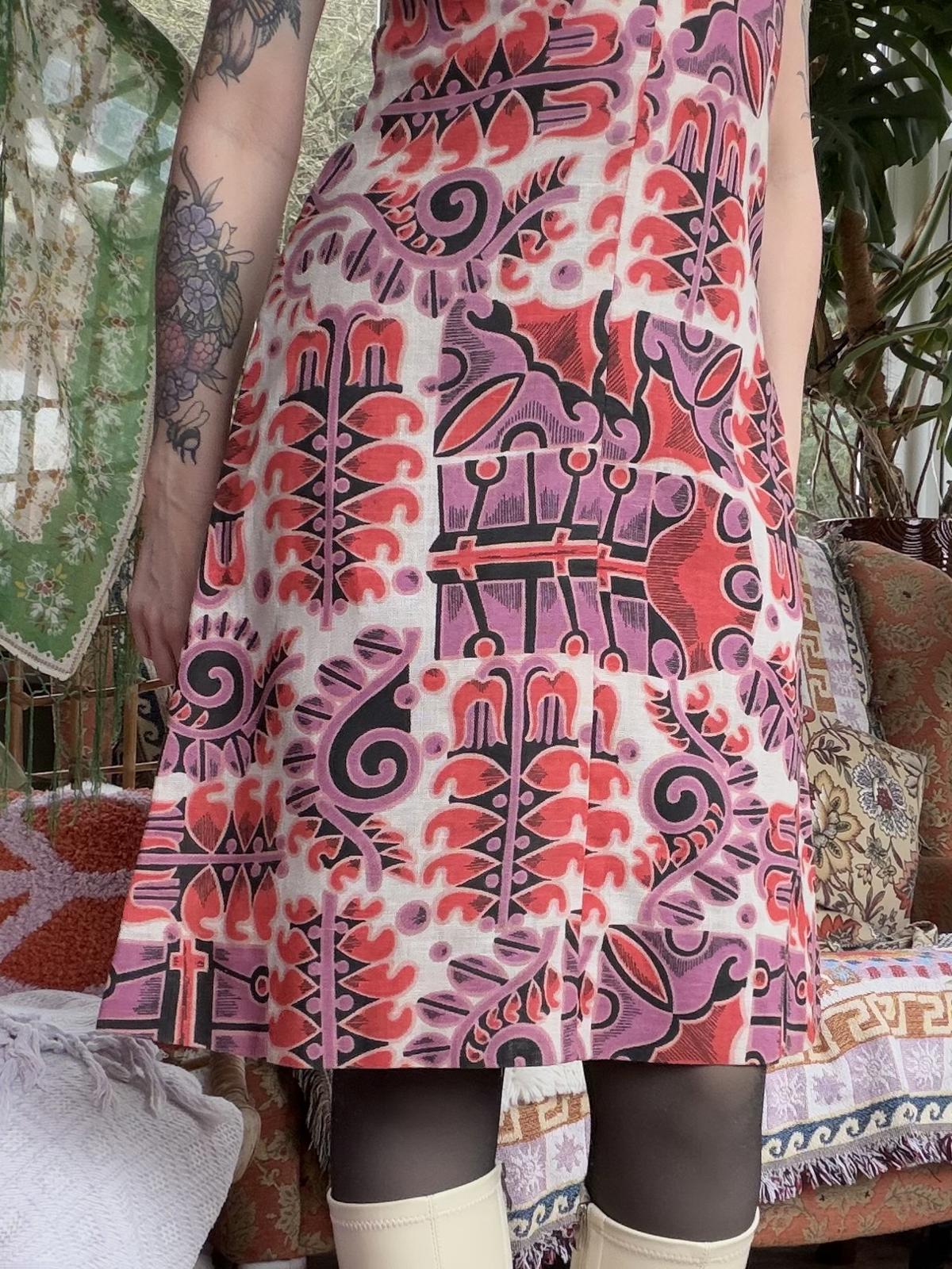 Vintage 1960s Summer Dress Pink and Red Retro Patterned Slip Dress Size 10