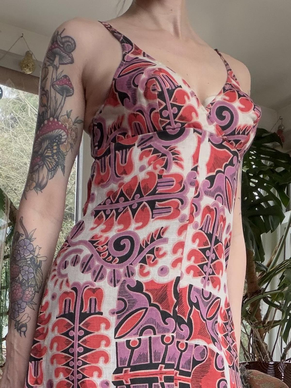 Vintage 1960s Summer Dress Pink and Red Retro Patterned Slip Dress Size 10
