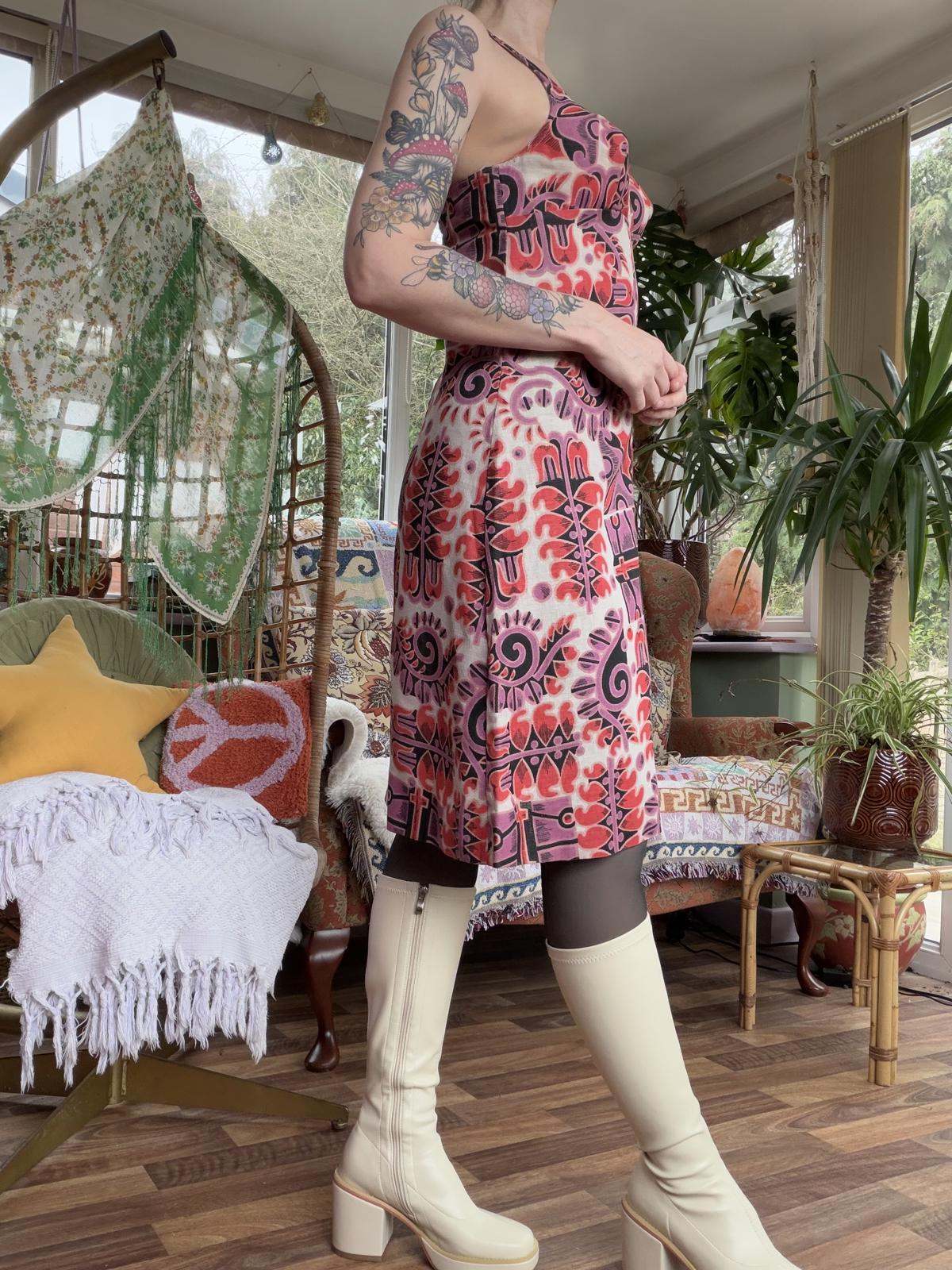 Vintage 1960s Summer Dress Pink and Red Retro Patterned Slip Dress Size 10