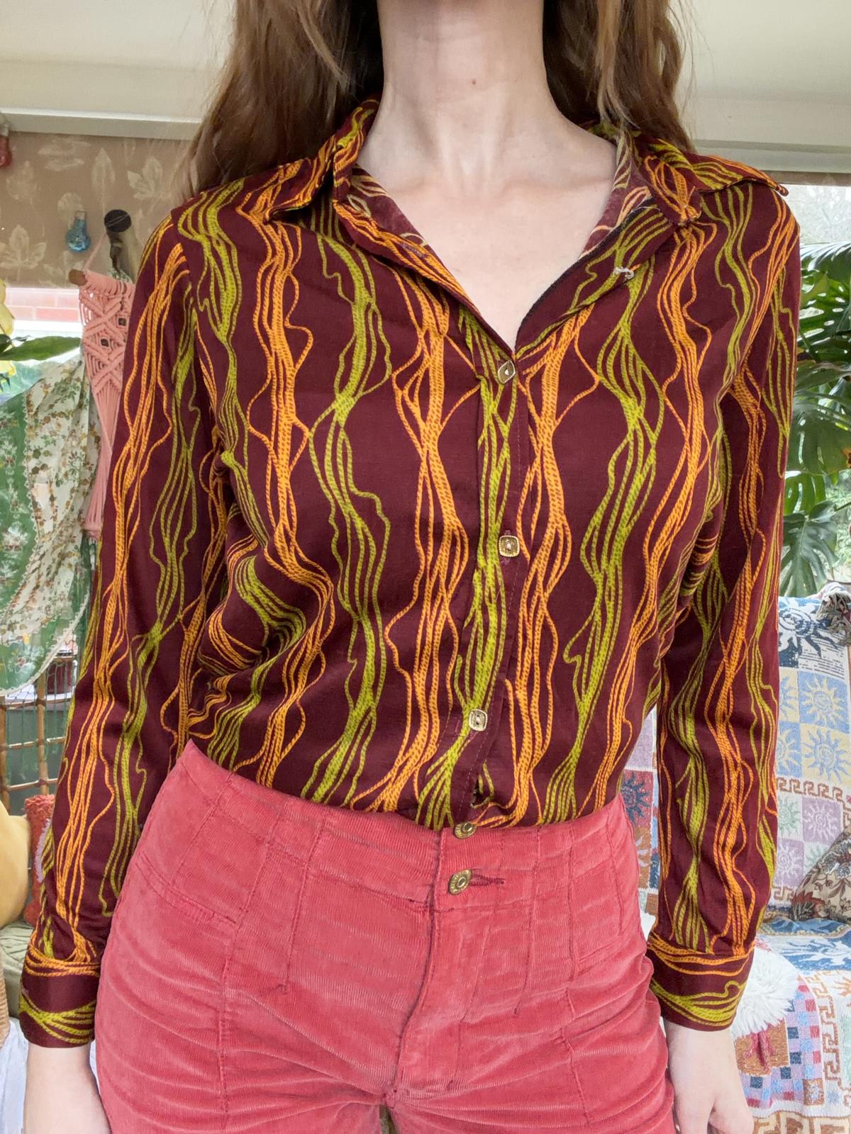 Vintage 1980s Abstract Blouse Burgundy Red Long Sleeve Retro Shirt Size 14