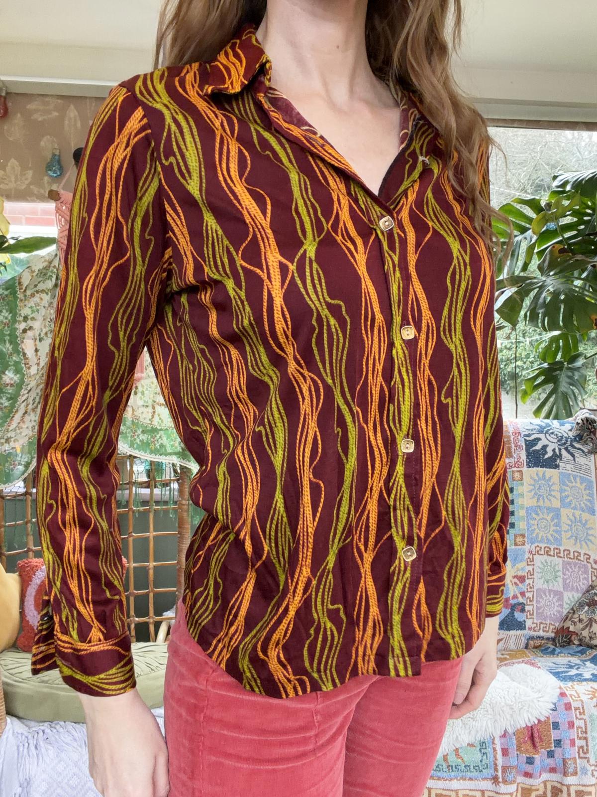 Vintage 1980s Abstract Blouse Burgundy Red Long Sleeve Retro Shirt Size 14