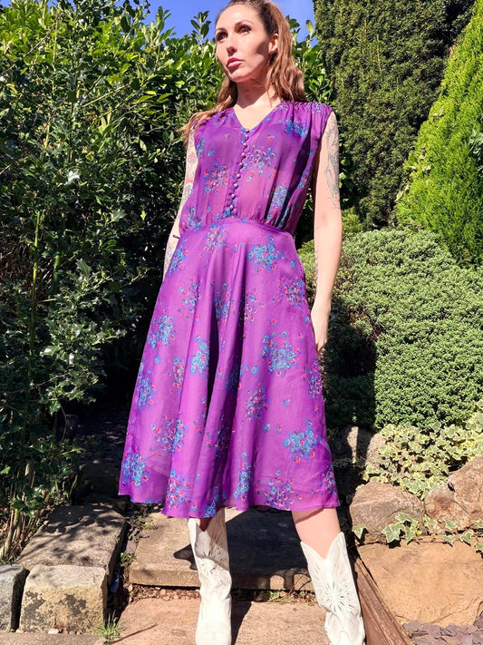 Vintage 1970s Summer Dress Purple Floral Midi Dress with Button Detail Size 14