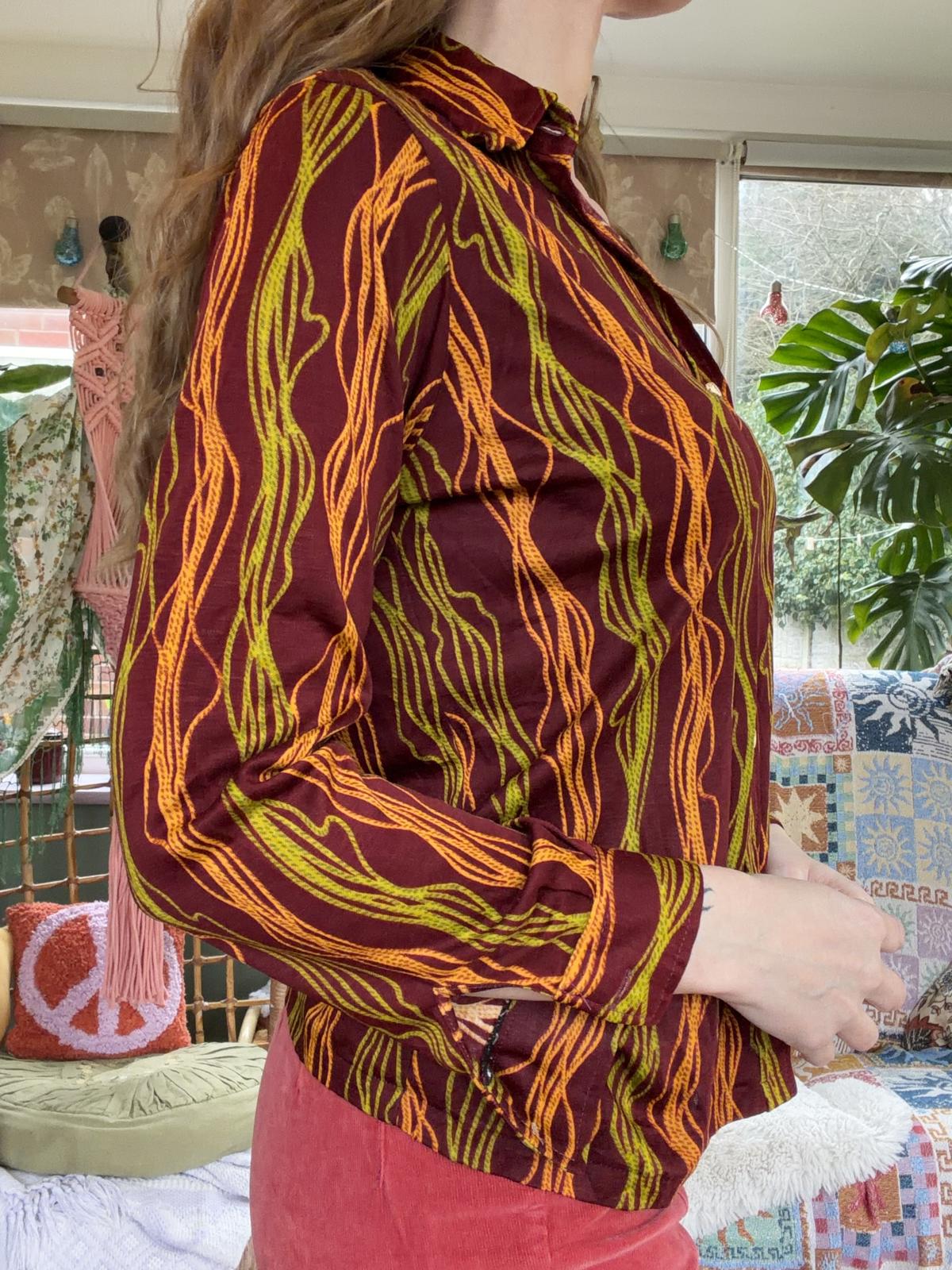 Vintage 1980s Abstract Blouse Burgundy Red Long Sleeve Retro Shirt Size 14