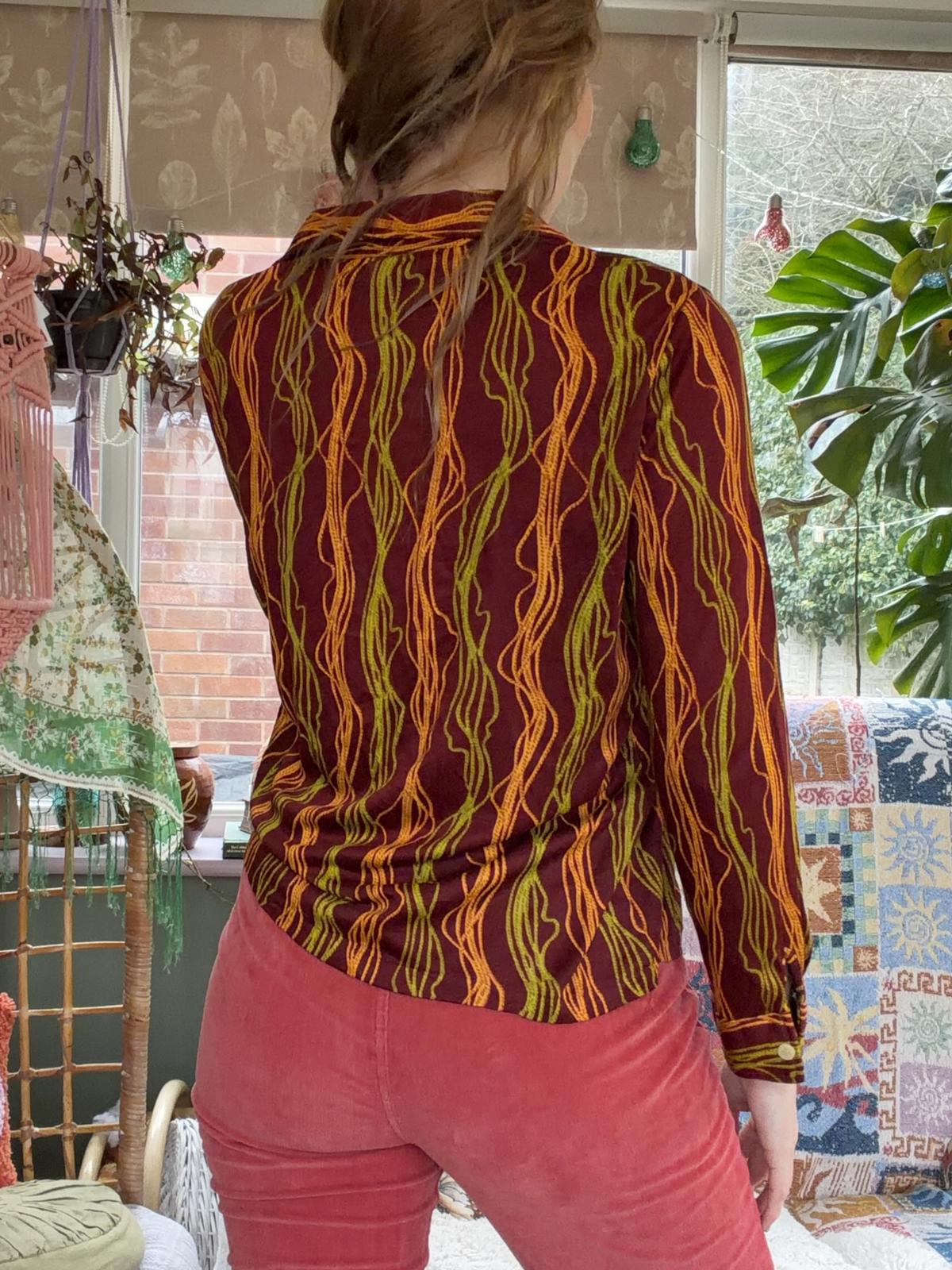 Vintage 1980s Abstract Blouse Burgundy Red Long Sleeve Retro Shirt Size 14