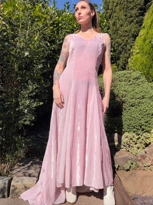 Vintage 1990s Dress Velvet Pink Sleeveless Fairycore Maxi Dress Size 10 Together