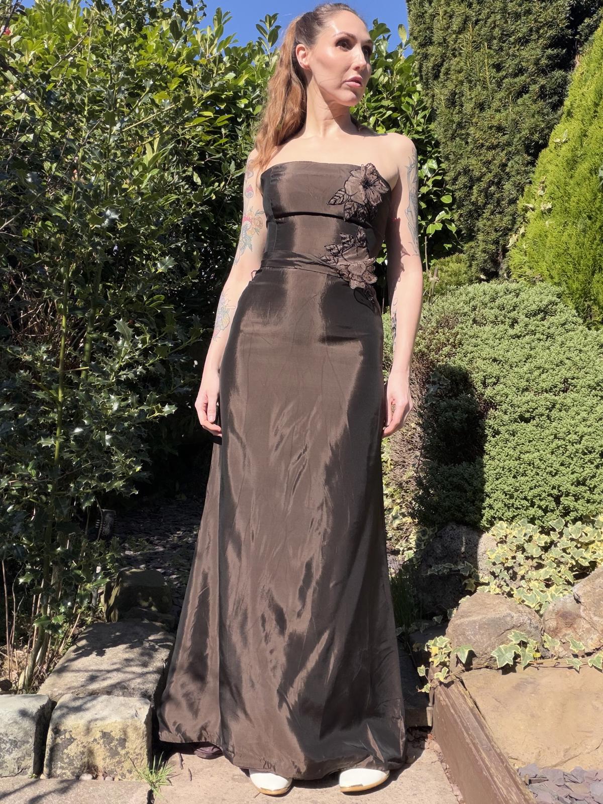 Vintage 1990s Prom Dress Strapless Brown Evening Gown with Floral Applique S 8