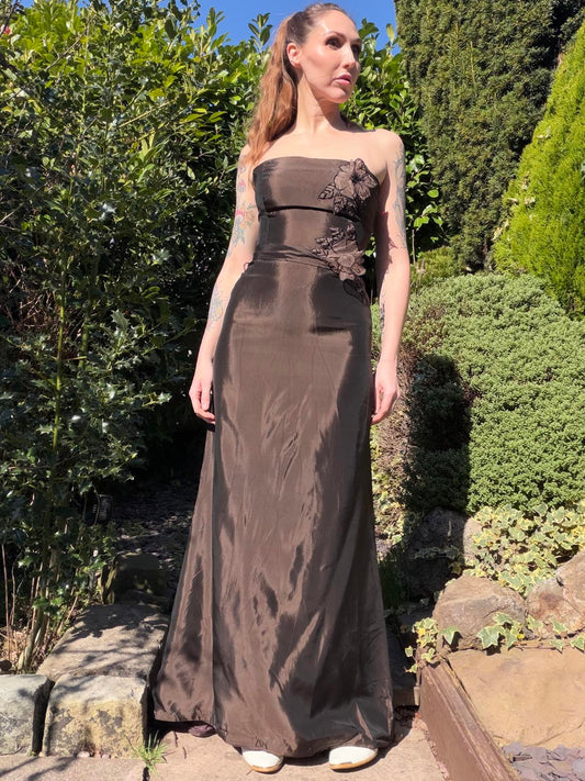 Vintage 1990s Prom Dress Strapless Brown Evening Gown with Floral Applique S 8
