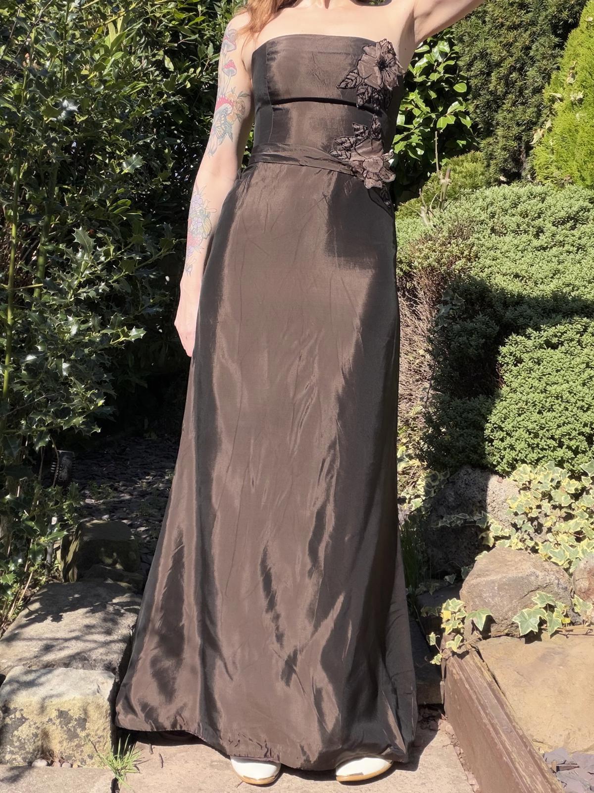 Vintage 1990s Prom Dress Strapless Brown Evening Gown with Floral Applique S 8