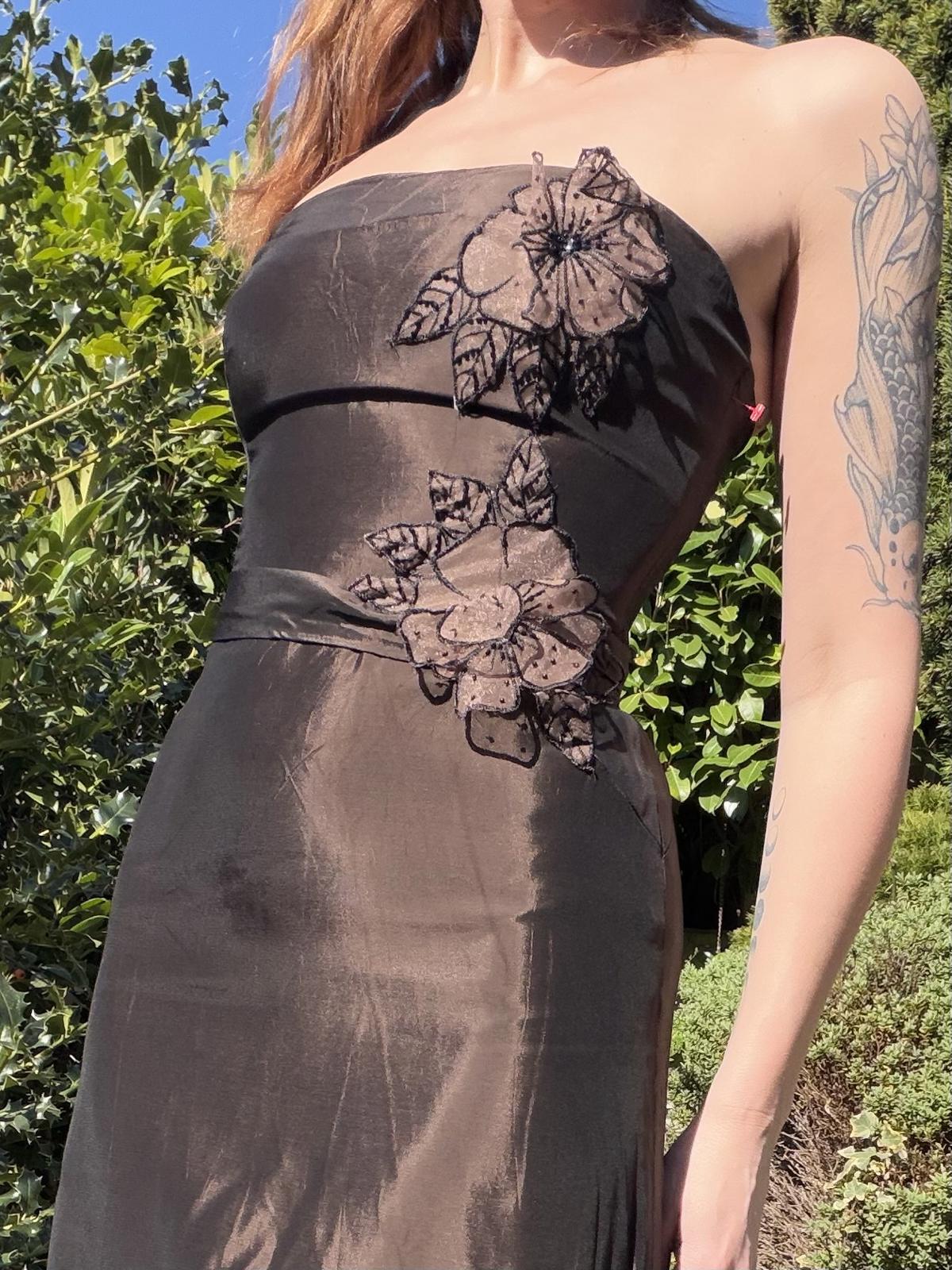 Vintage 1990s Prom Dress Strapless Brown Evening Gown with Floral Applique S 8